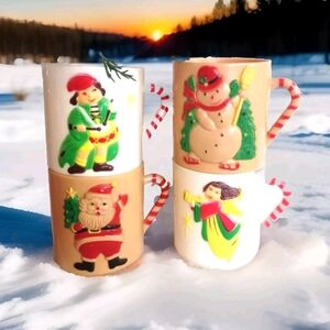 4 Vintage 1985 Hong Kong Asst Raised Plastic Children's Christmas Mugs